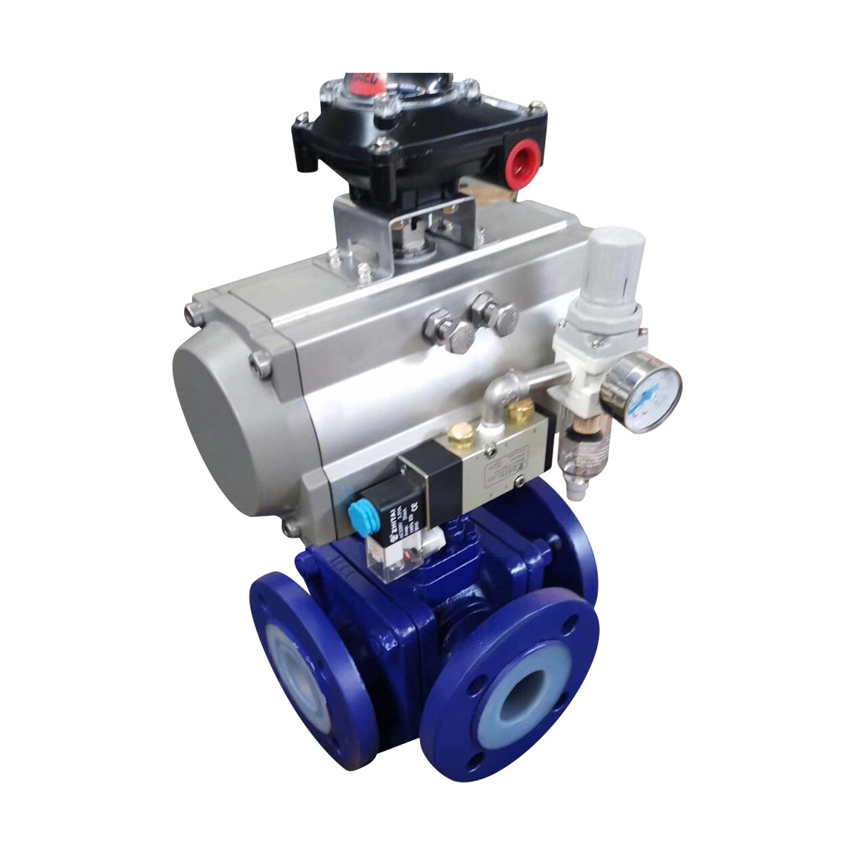 Pneumatic teflon lined three-way ball valve