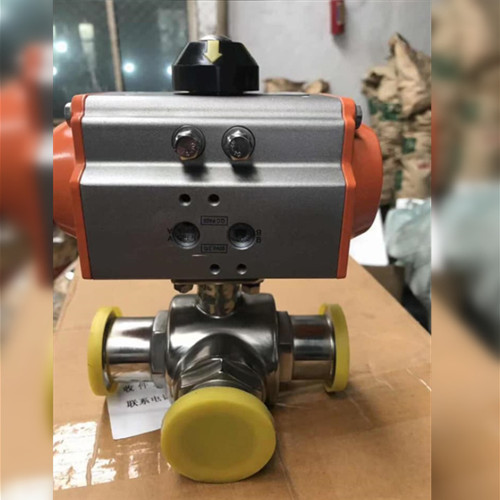 Three way sanitary ball valve with pneumatic actuator