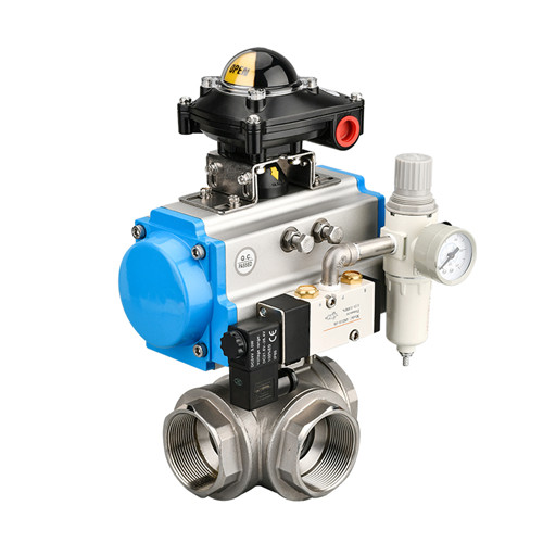 Pneumatic threaded three-way ball valve